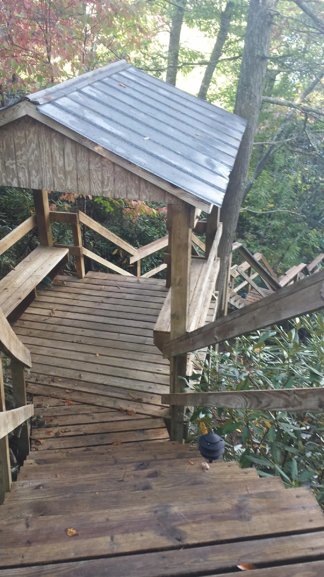 Metal roofed shelter over wooden steps on a wooded walkway — Skylight Repair & Installation work by our crew in Lamona